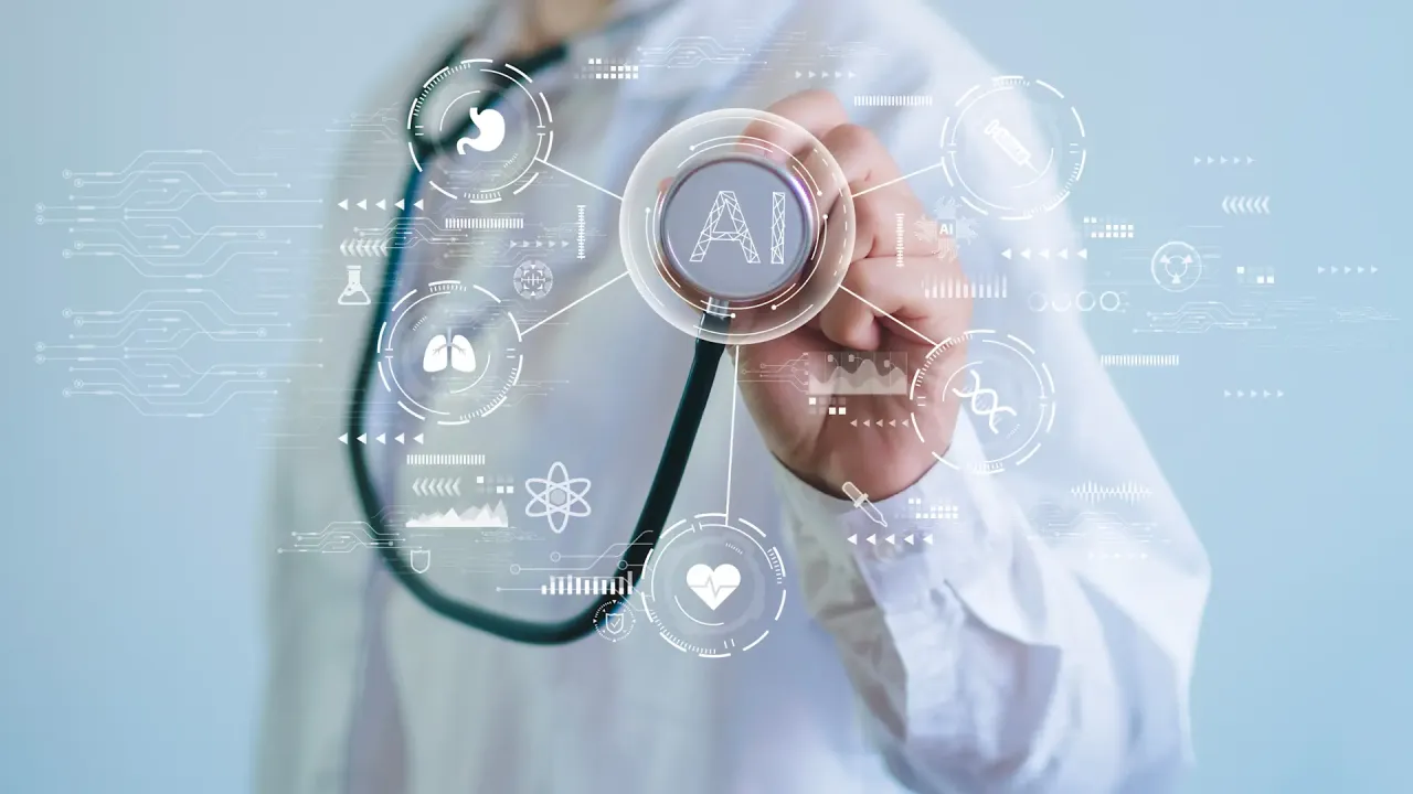Lekarz z cyfrowymi ikonami medycznymi i symbolem AI na stetoskopie pokazuje, co potrafi sztuczna inteligencja w diagnostyce.
