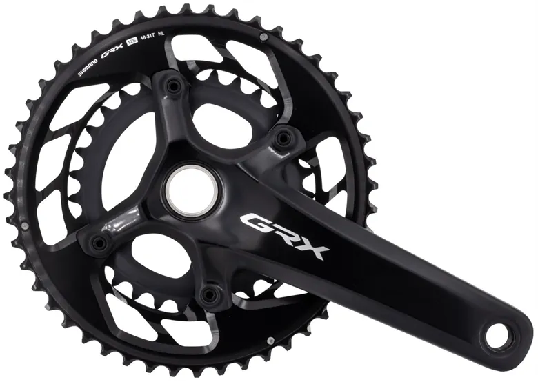 zbliżenie na mechanizm korbowy Shimano GRX 2x w rowerze gravelowym