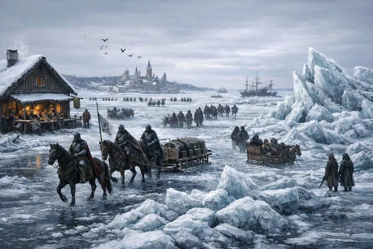 Rycerze na koniach i sanie z ludźmi przemierzają zamarznięty Bałtyk. W oddali widać miasto i statki. To widok, kiedy bałtyk zamarzł całkowicie.