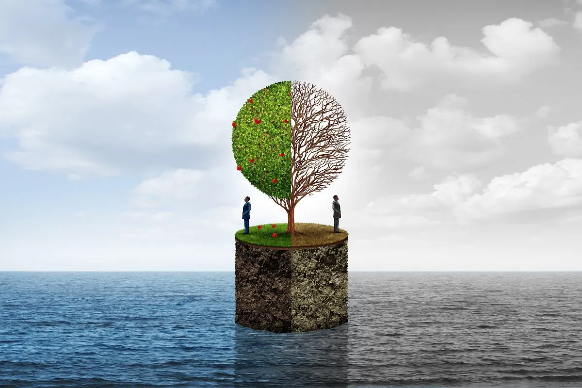 Drzewo życia i śmierci, symbolizujące rozczarowanie. Jak cytaty o przyjaciołach, kt&oacute;rzy zawiedli, tak i ta ilustracja pokazuje kontrast między życiem a pustką.