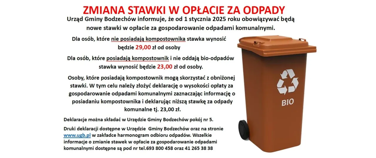 Zmiana stawki za wywóz śmieci od 1.01.2025. Bez kompostownika 29 zł, z kompostownikiem 23 zł.