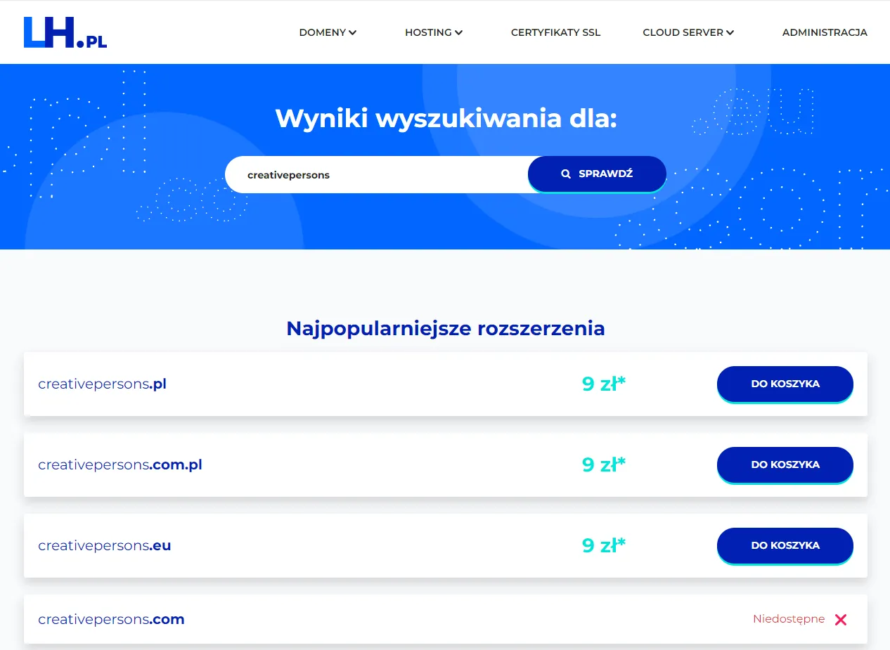 Wyniki wyszukiwania domeny 