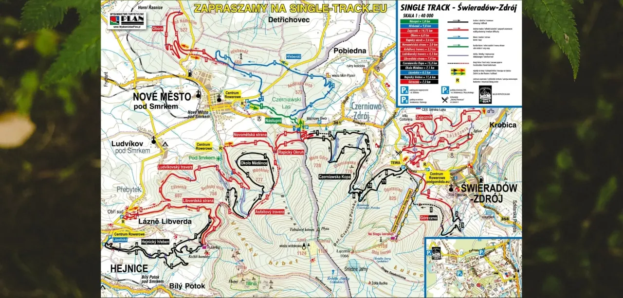 Mapa tras rowerowych w Górach Izerskich. Pokazuje single tracki, punkty startowe i centra rowerowe.