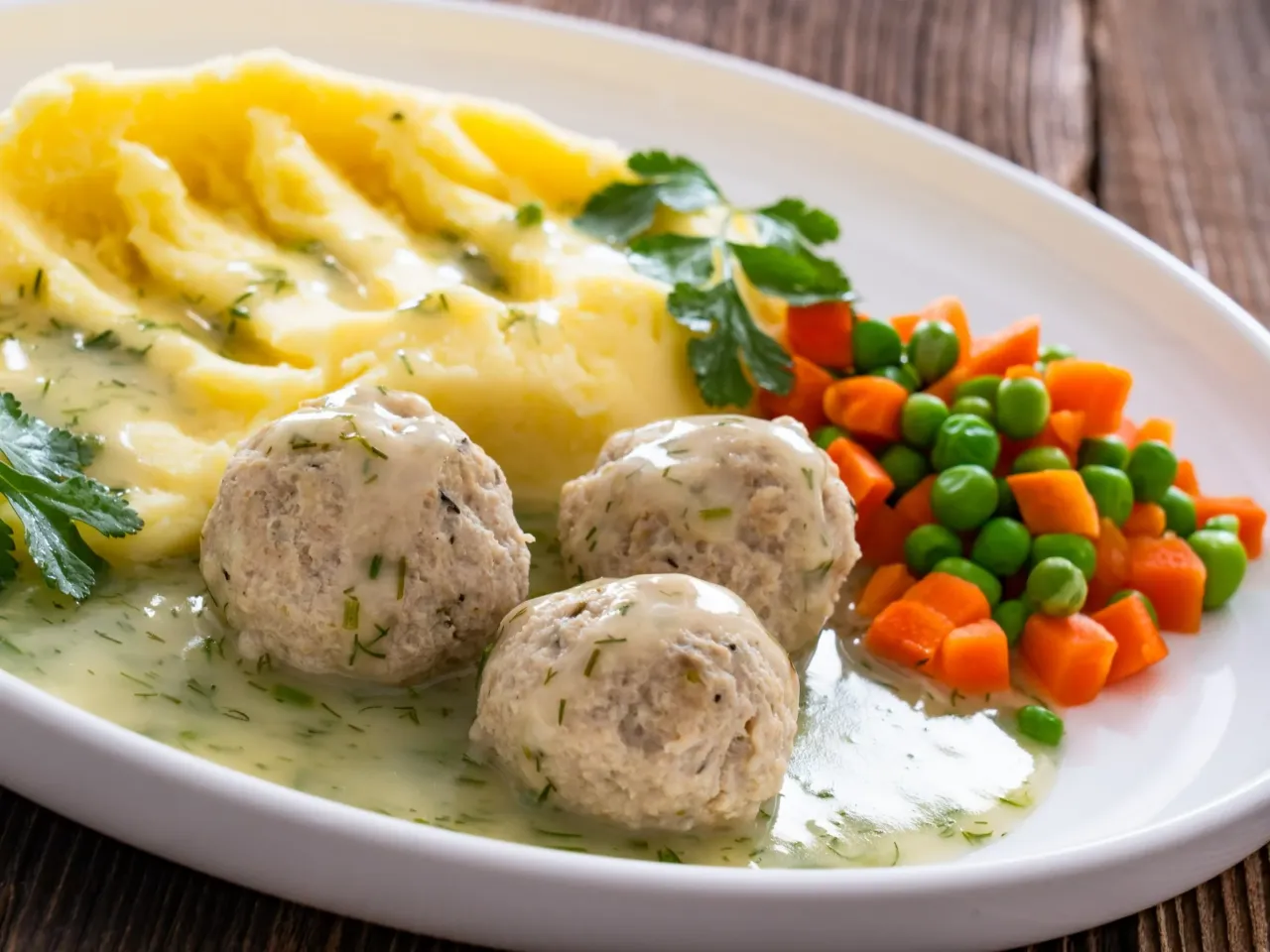 Pulpety w sosie koperkowym z puree ziemniaczanym i warzywami to idealny pomysł na obiad.