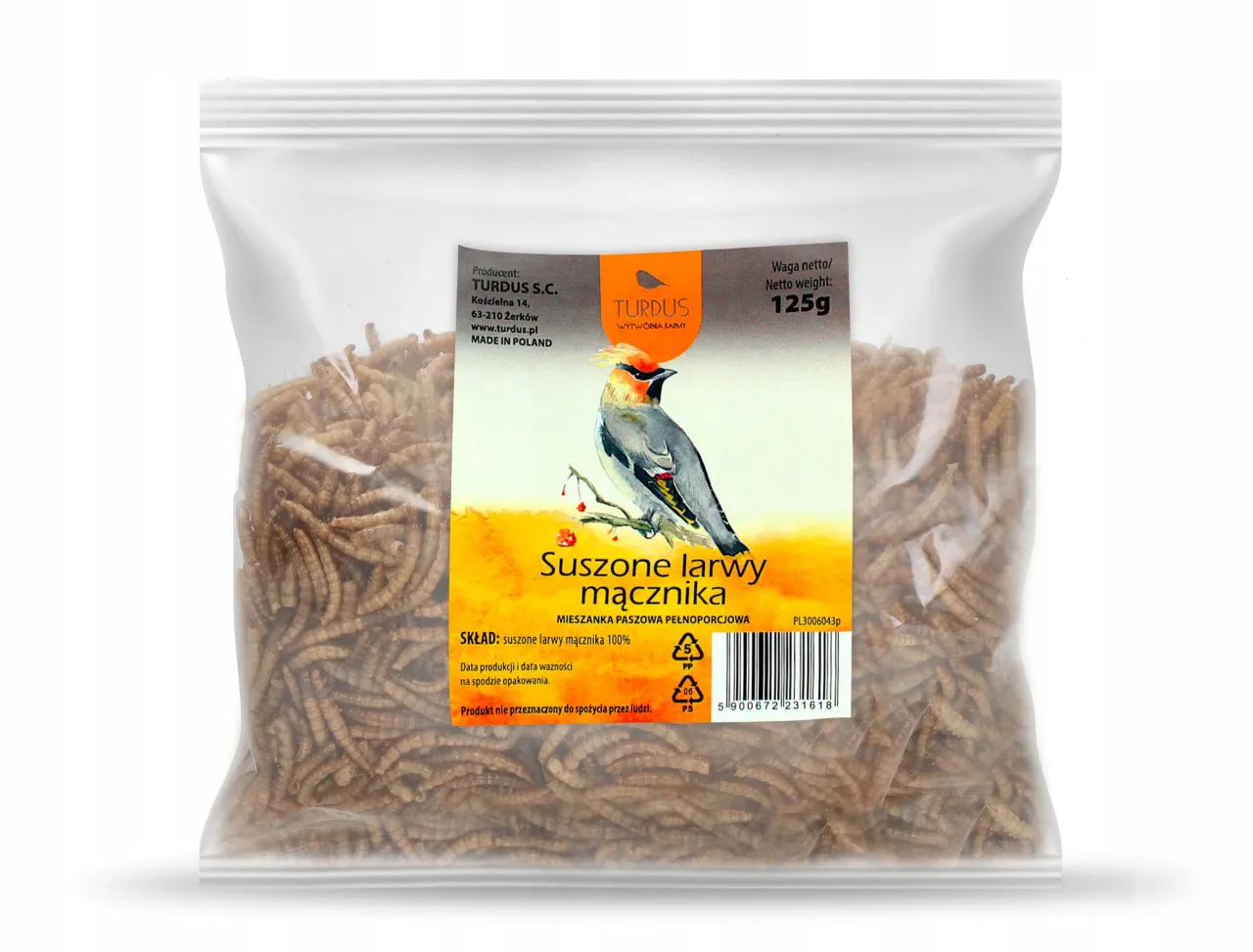 Suszone larwy mącznika w opakowaniu