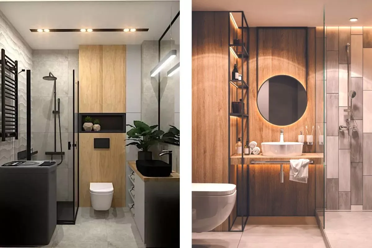 Nowoczesne łazienki z drewnianymi akcentami i geometrycznymi płytkami. Inspiracje, jak wykafelkować małą łazienkę, by wyglądała stylowo i funkcjonalnie.