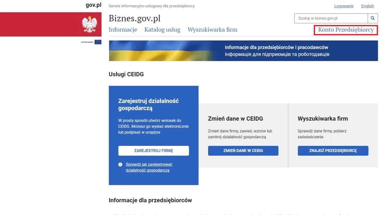 Strona Biznes.gov.pl, sekcja Usługi CEIDG. Dowiedz się, jak założyć własną firmę jednoosobową, rejestrując działalność gospodarczą.