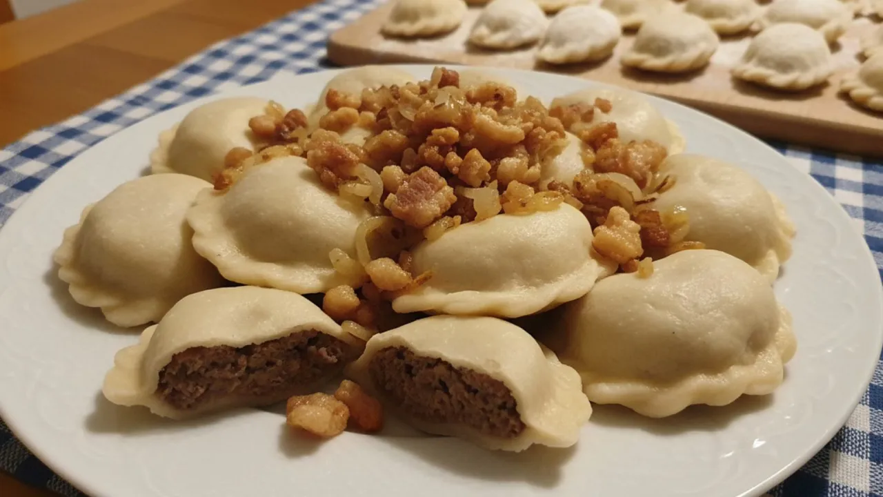 Bliskie ujęcie pierogów ruskich z okrasą