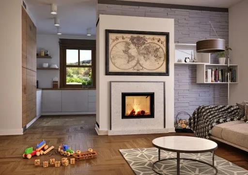 Płytki wkład kominkowy slim w małym salonie