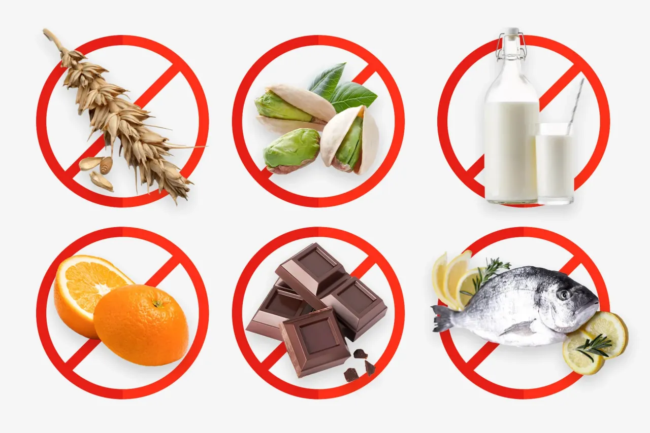 Produkty zakazane na diecie eliminacyjnej: kłos zboża, pistacje, mleko, pomarańcze, czekolada, ryba.