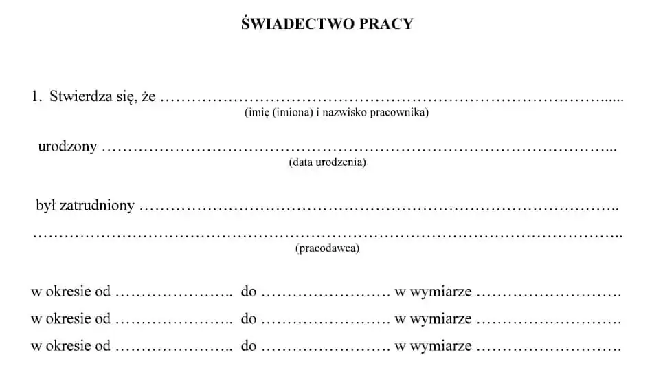 świadectwo pracy wzór