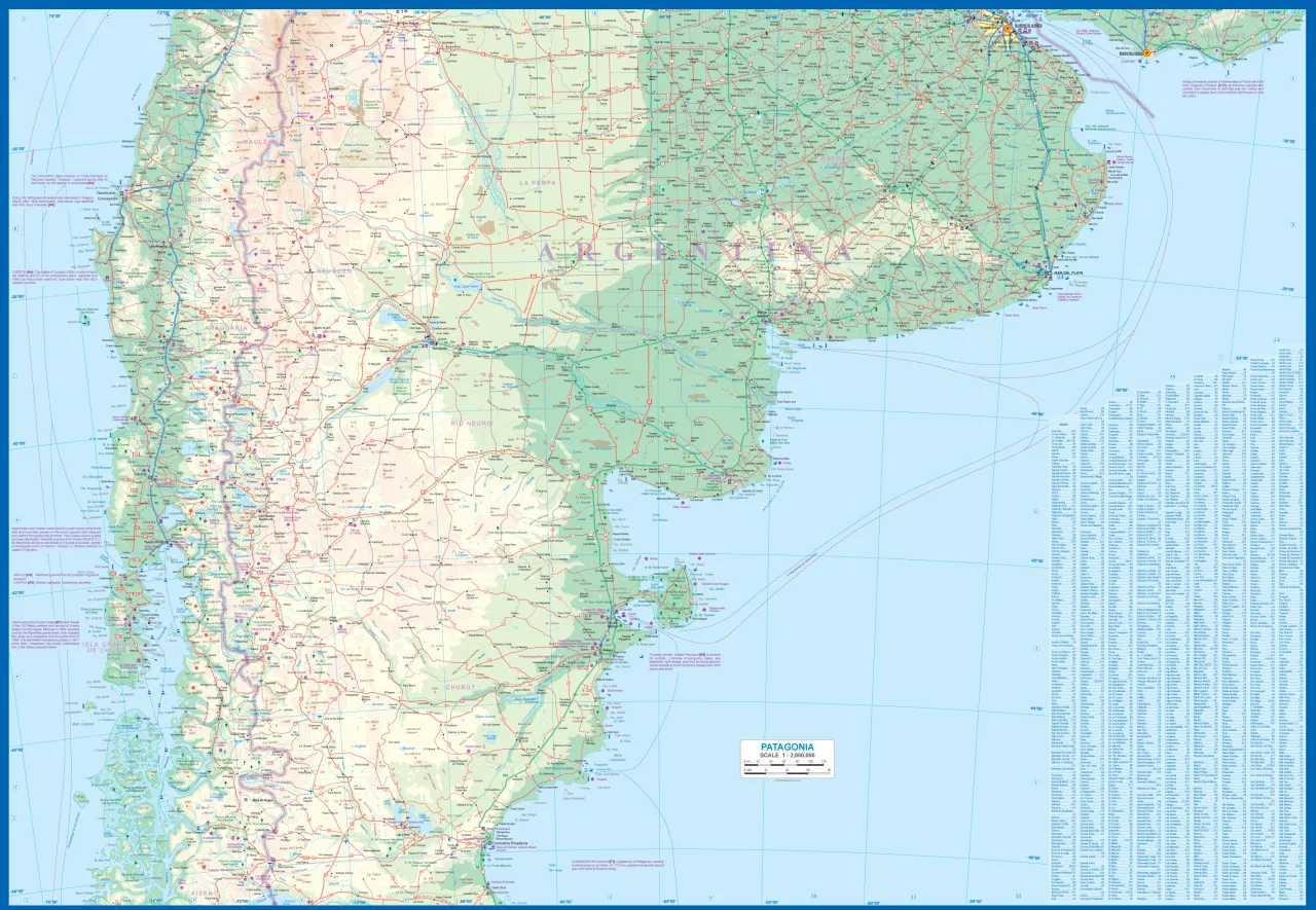 Mapa drogowa Patagonii, z zaznaczonymi miastami, parkami narodowymi i wybrzeżem. Widoczna skala 1:2,000,000.