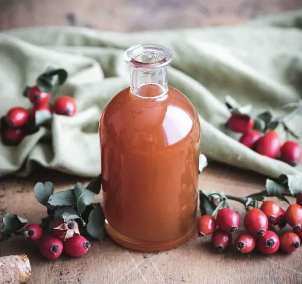 Sok z dzikiej r&oacute;ży w szklance z owocami