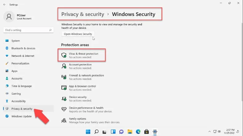 Microsoft Defender interfejs, bezpieczeństwo Windows 11