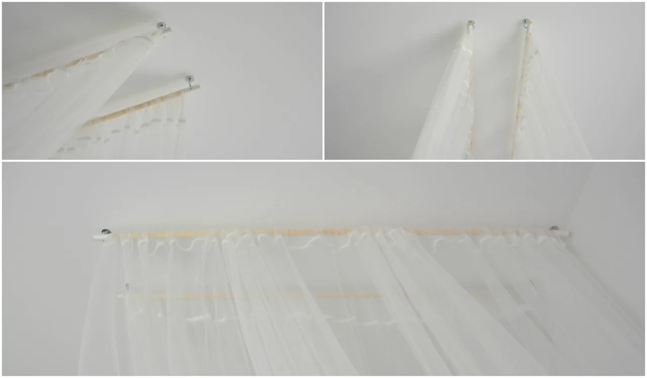 Jak zrobić stelaż do baldachimu: biała tkanina zawieszona na drewnianej belce przy suficie, mocowanej do haka.