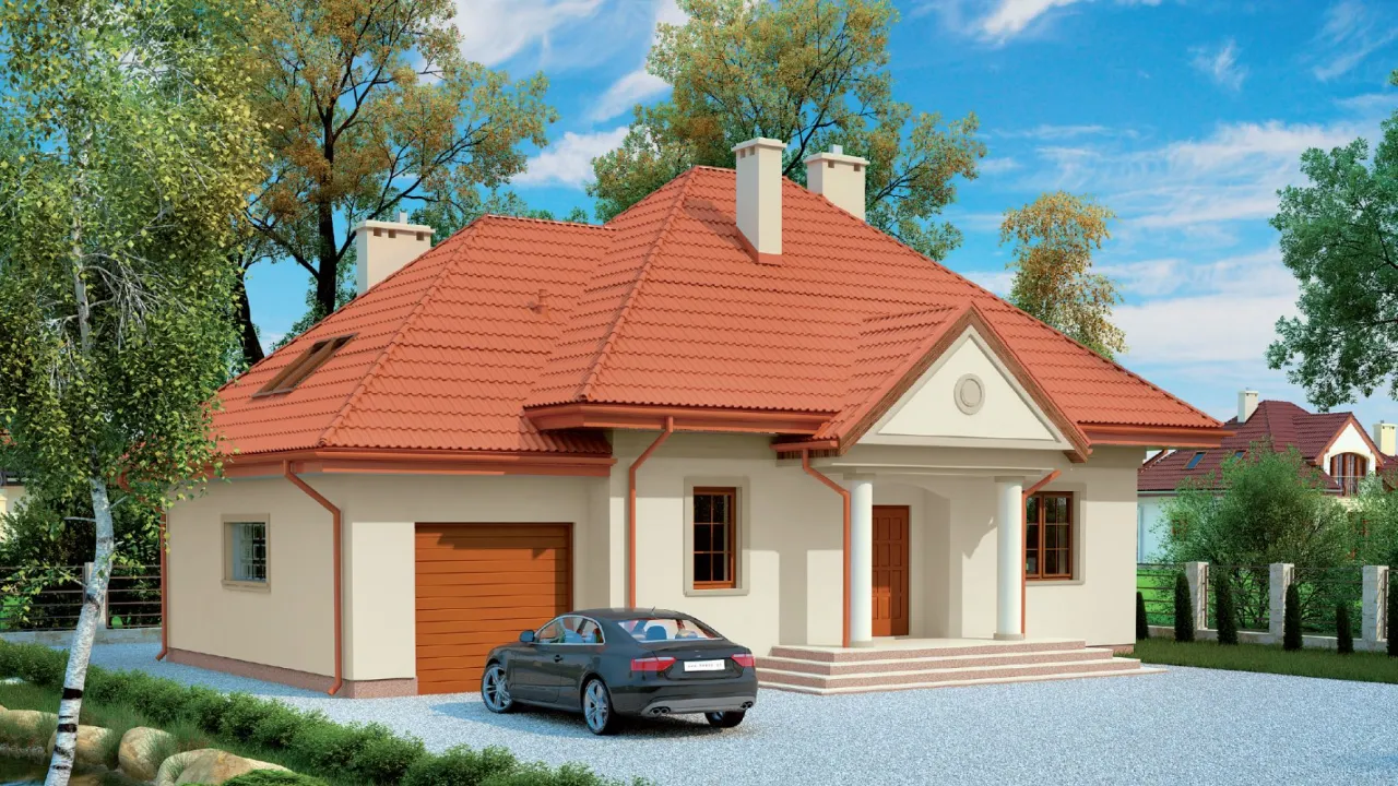 dom z rudym dachem biała elewacja, dom z rudym dachem beżowa elewacja, dom z rudym dachem szara elewacja