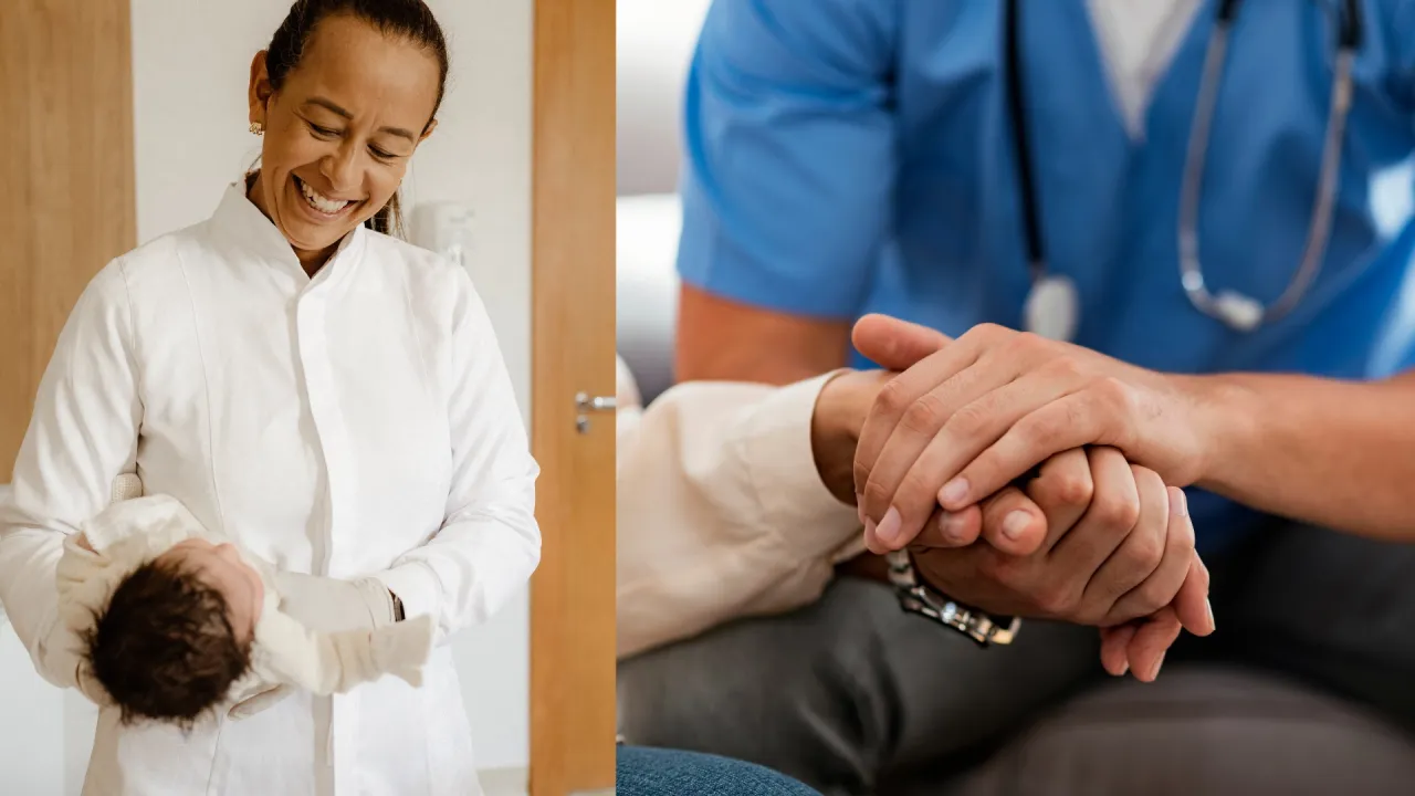 Uśmiechnięta pielęgniarka środowiskowa z noworodkiem i czuły gest wsparcia. Wizyta pielęgniarki środowiskowej w domu to troska i pomoc.