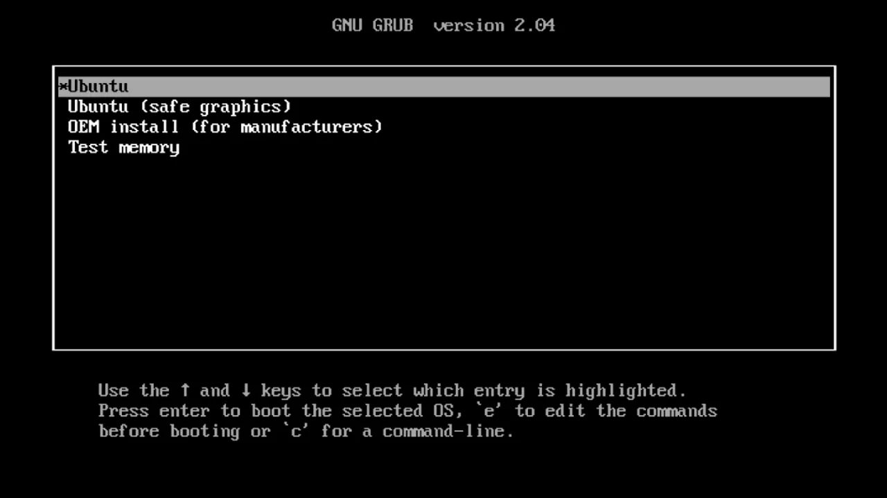 Ekran startowy GRUB z opcjami Ubuntu. Nie ma tu żadnych okien Windows.