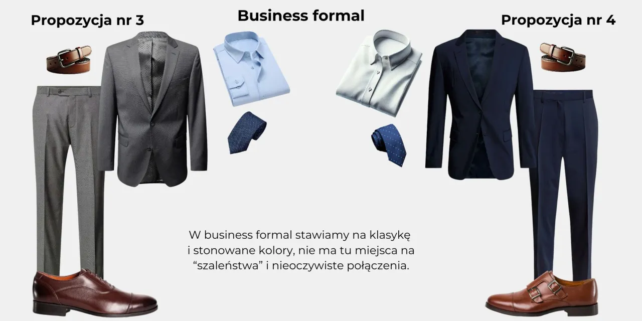 Dwie propozycje stylizacji business formal: szary garnitur z brązowymi dodatkami i granatowy garnitur z niebieskimi akcentami. Klasyka i stonowane kolory.