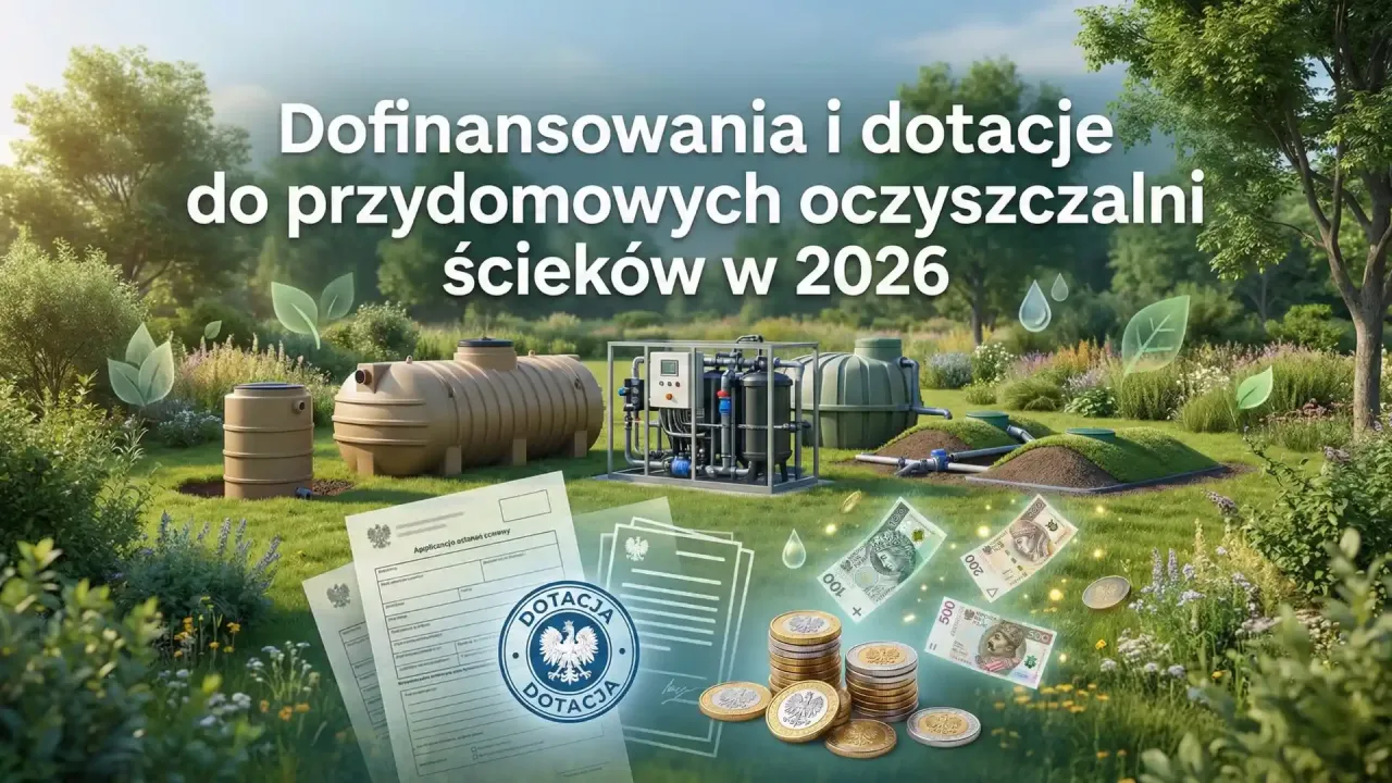 Dowiedz się, jak uzyskać dofinansowanie do przydomowej oczyszczalni ściek&oacute;w. Na obrazie: systemy oczyszczalni, dokumenty i pieniądze.