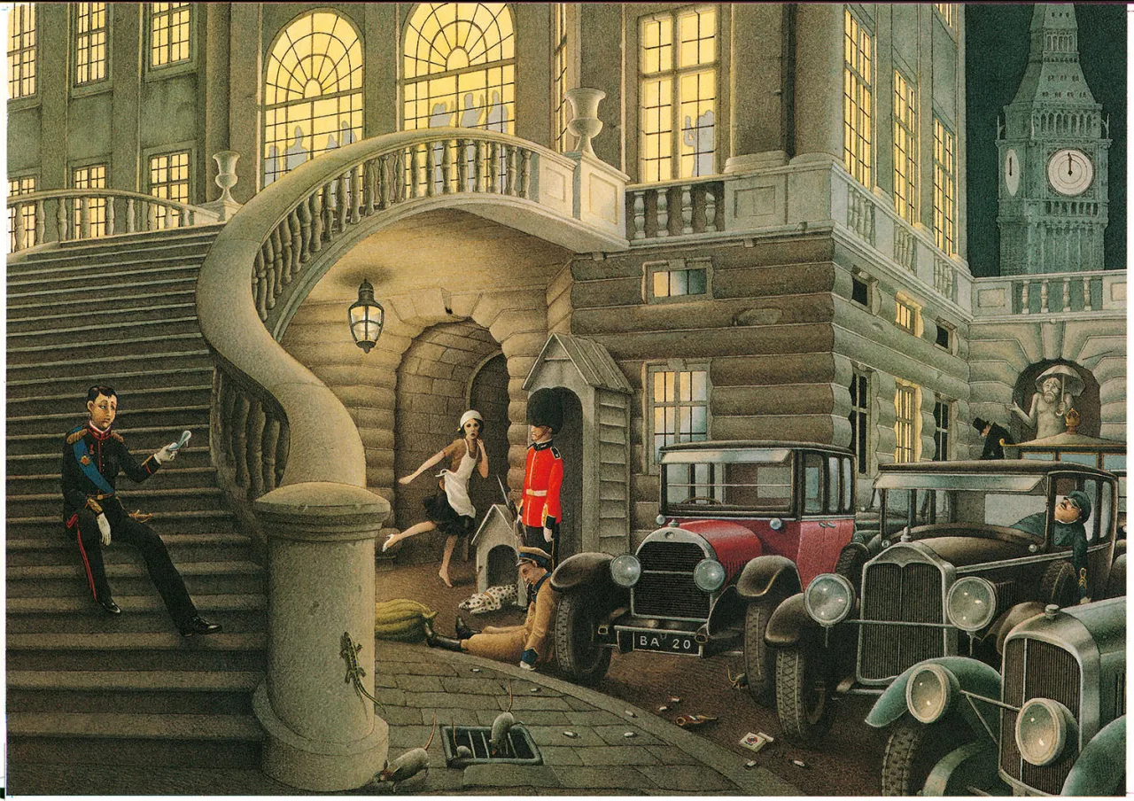 Kopciuszek ucieka przed księciem, gubiąc pantofelek. W tle widać Big Ben i zabytkowe samochody.