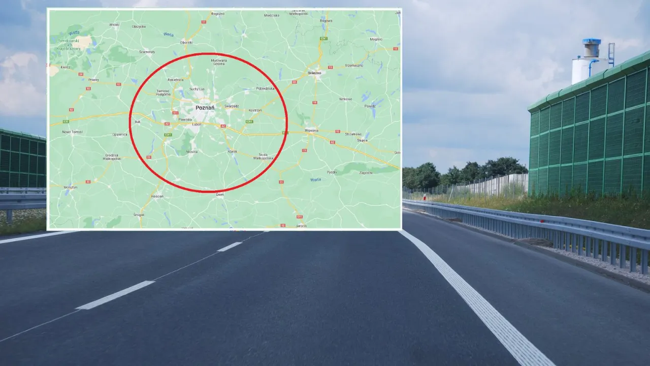 Mapa z zaznaczonym obszarem wok&oacute;ł Poznania, gdzie znajduje się odcinkowy pomiar prędkości S11. Obok droga szybkiego ruchu z ekranami akustycznymi.