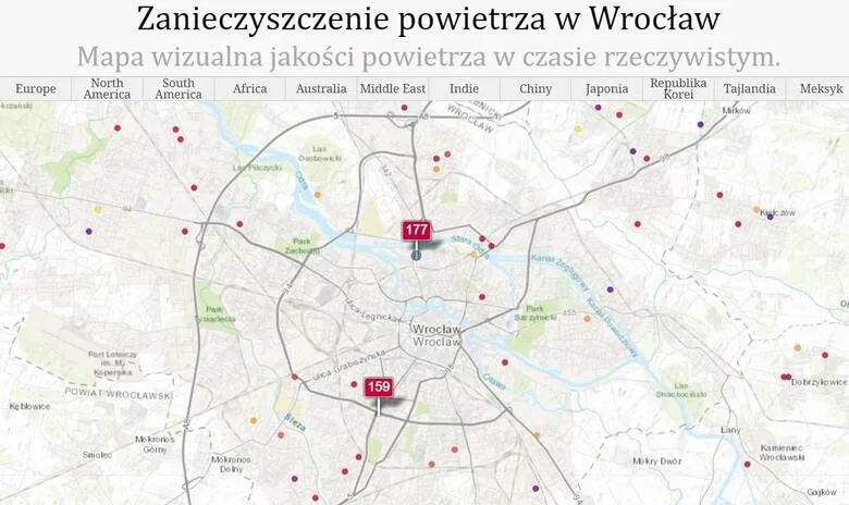 Mapa smogu Wrocław, stacje pomiarowe GIOŚ