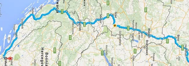 Mapa trasy Medjugorje przez Austrię