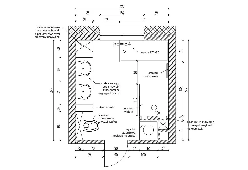 wizualizacja łazienki z wymiarami i elementami funkcjonalnymi