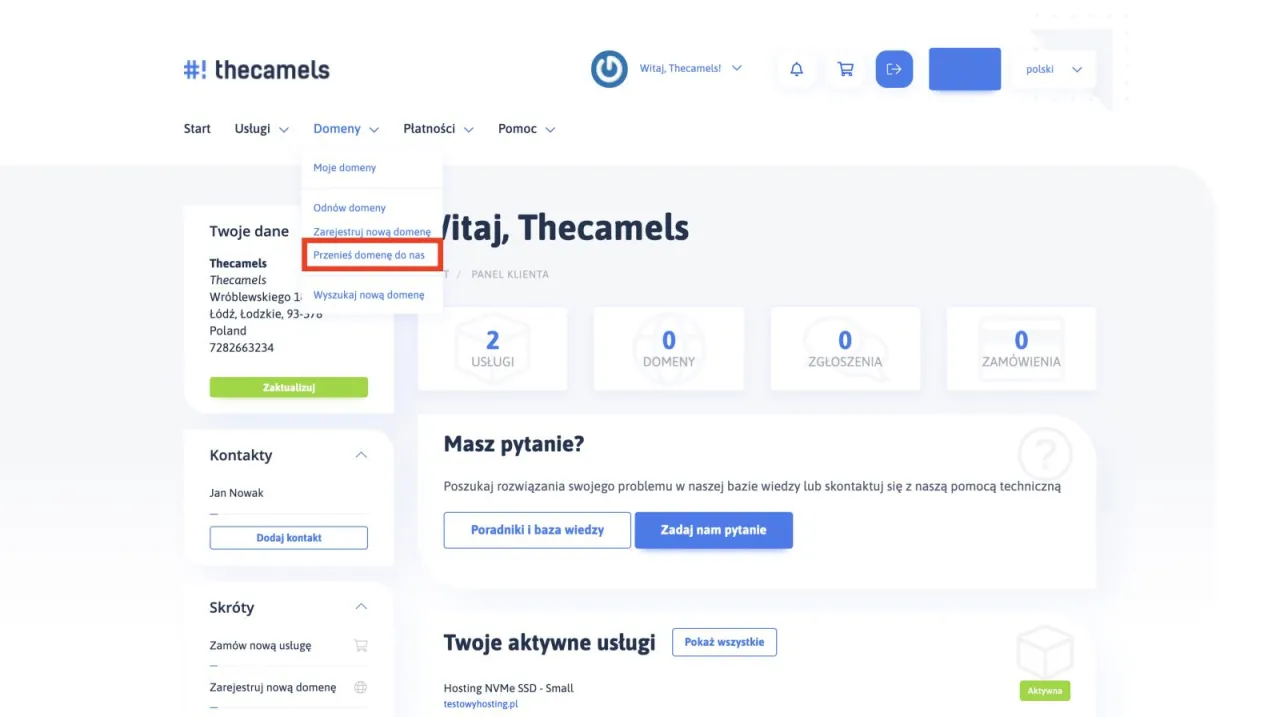 Przeniesienie domeny do nas. Dowiedz się, jak długo trwa transfer domeny, klikając w tę opcję w menu.