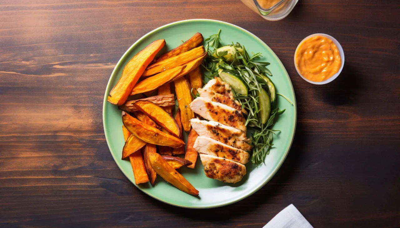 frytki z batatów z burgerem i sałatką