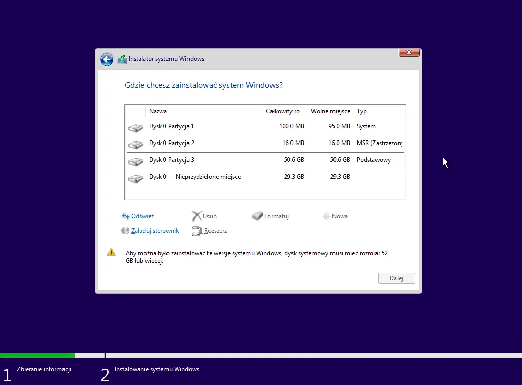 instalacja windows kroki partycjonowanie