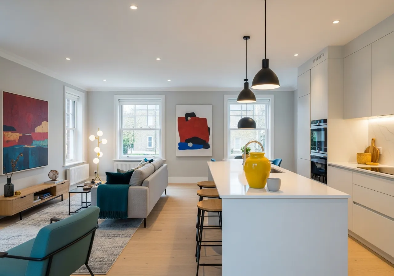 Nowoczesne oświetlenie do pokoju: wiszące nad wyspą, stojące przy sofie i wbudowane w sufit.