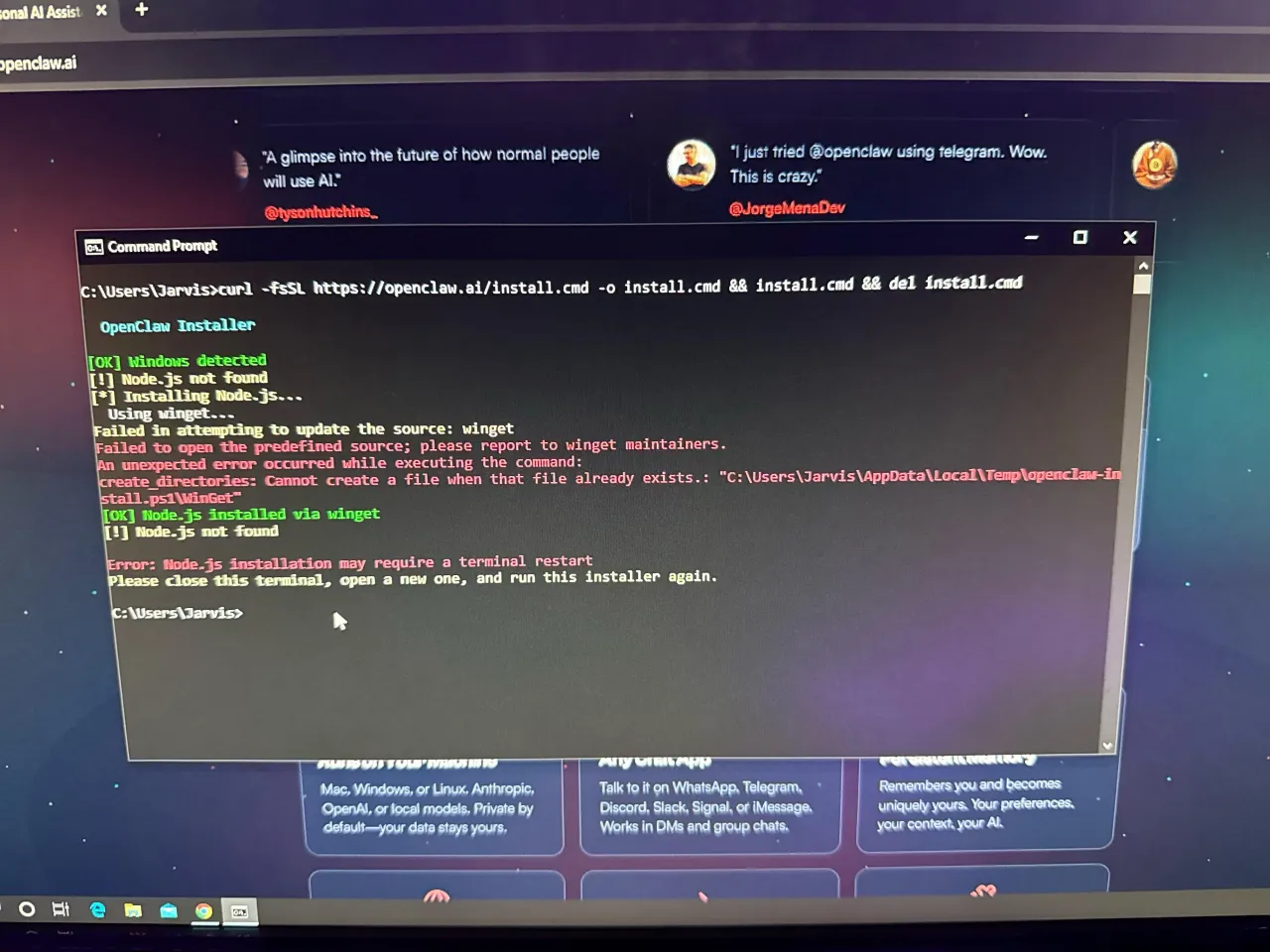 Błąd instalacji Node.js podczas próby zainstalowania przeglądarki bez przeglądarki. Wymagany restart terminala.