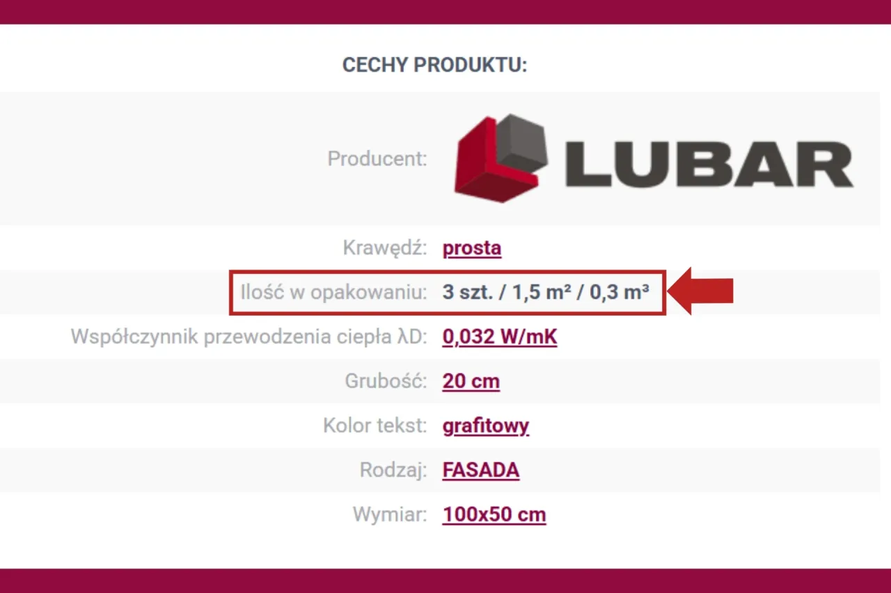 Ilość styropianu w paczce: 3 szt. / 1,5 m² / 0,3 m³. Producent LUBAR.