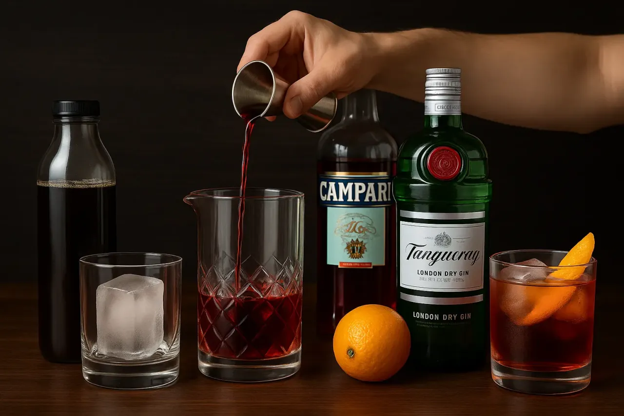 Przygotowanie drinków: Negroni czy Boulevardier? Składniki i akcesoria do koktajli na drewnianym blacie.