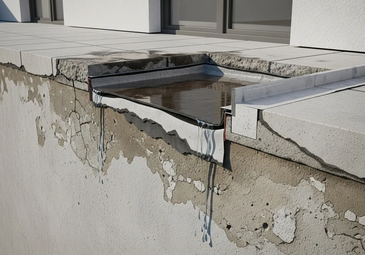 Przekrój balkonu pokazuje warstwy izolacji i odpływ wody. Kluczowe dla prawidłowego wykonania balkonu są detale hydroizolacji.