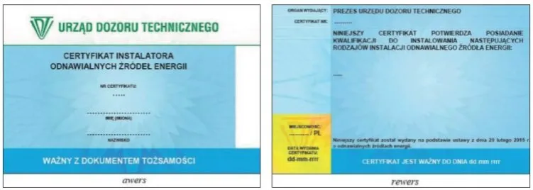 Certyfikat instalatora OZE UDT wzór