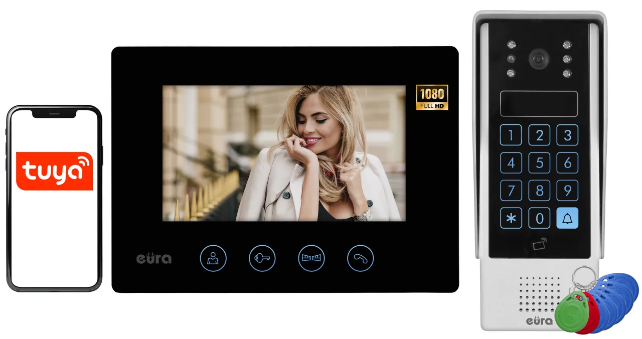 Szukasz miejsca, gdzie kupić domofon? Zobacz ten zestaw: wideodomofon z kamerą 1080p, ekranem, klawiaturą i brelokami.