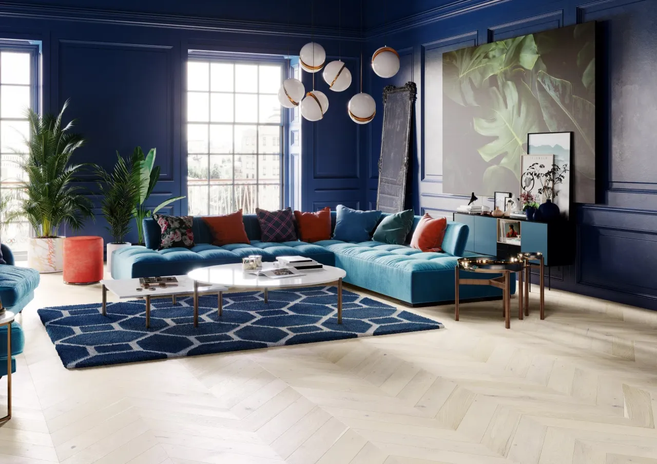 Turkusowa kanapa z dywanem musztardowym lub różowym