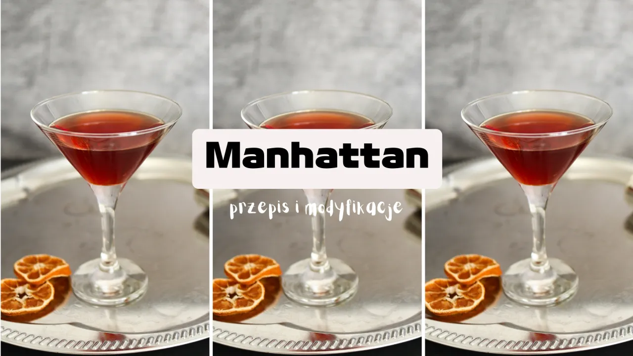 Manhattan na słodkim czy na wytrawnym wermucie? Trzy kieliszki z bursztynowym koktajlem i suszone pomarańcze na srebrnej tacy.
