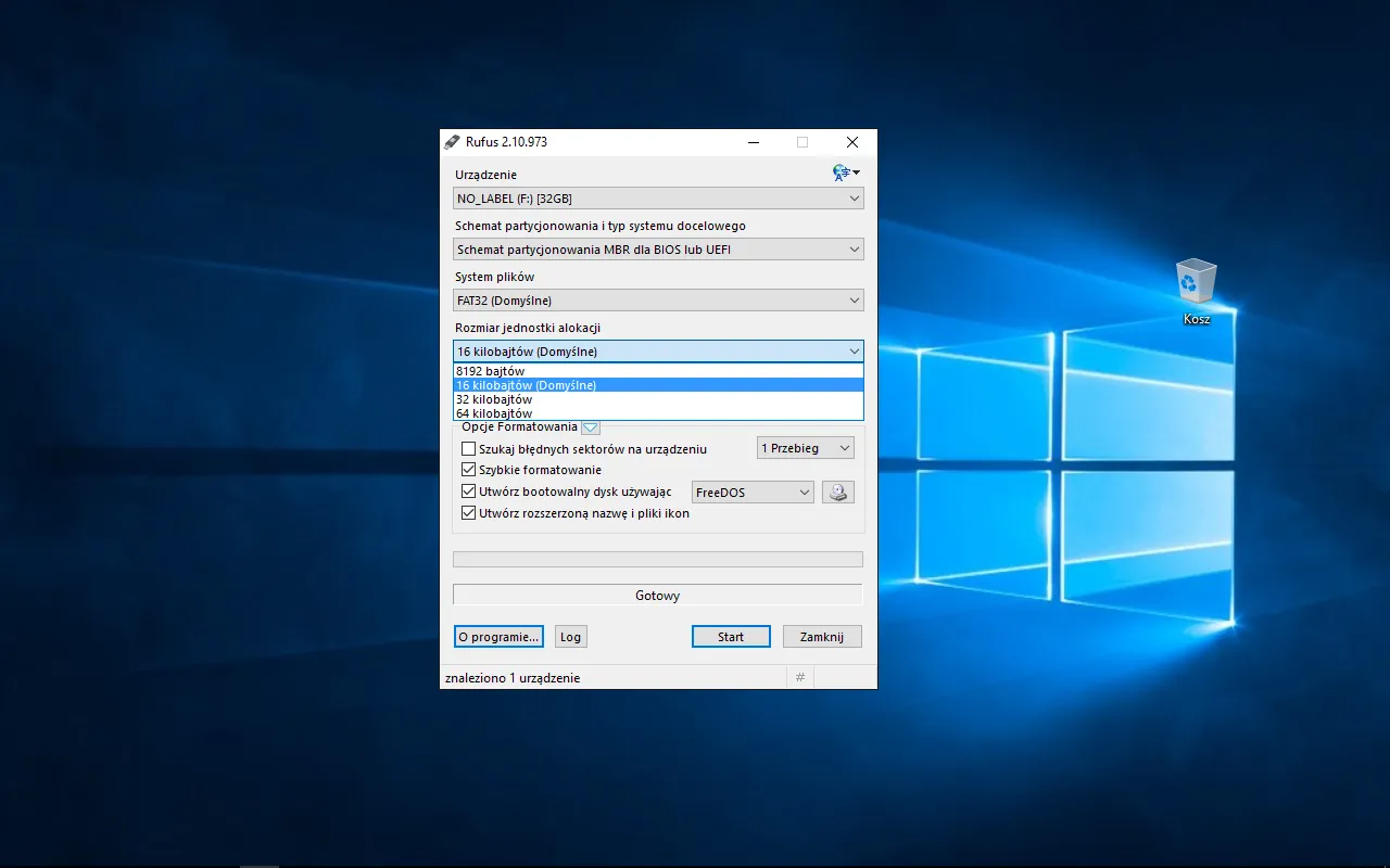 Interfejs programu Rufus