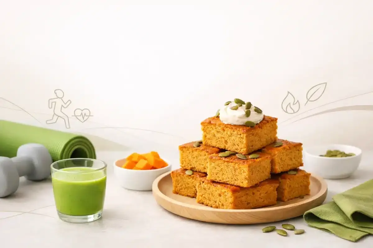 Ciasto dyniowe okrasa łamie przepisy, obok zielony koktajl, mata do ćwiczeń i hantle. Zdrowie i smak w jednym!