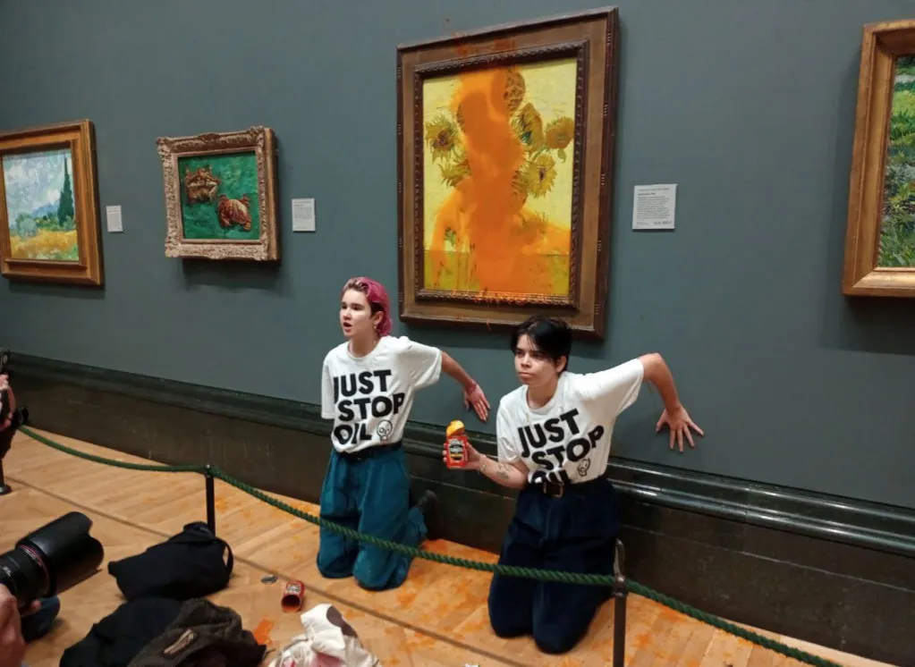Just Stop Oil van gogh sunflowers tomato soup protest