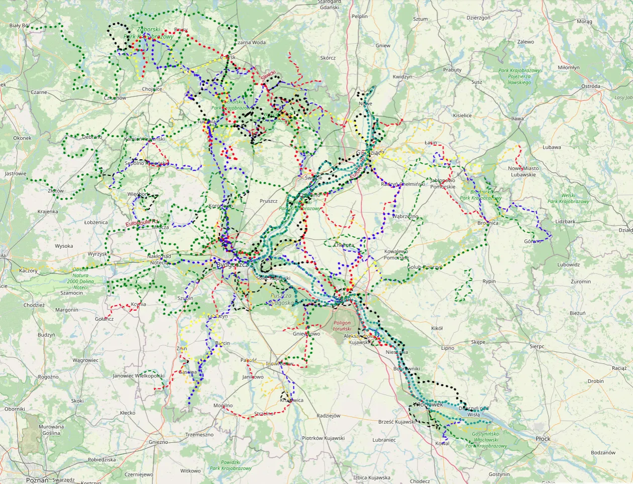 Mapa województwa kujawsko-pomorskiego z zaznaczonymi jeziorami