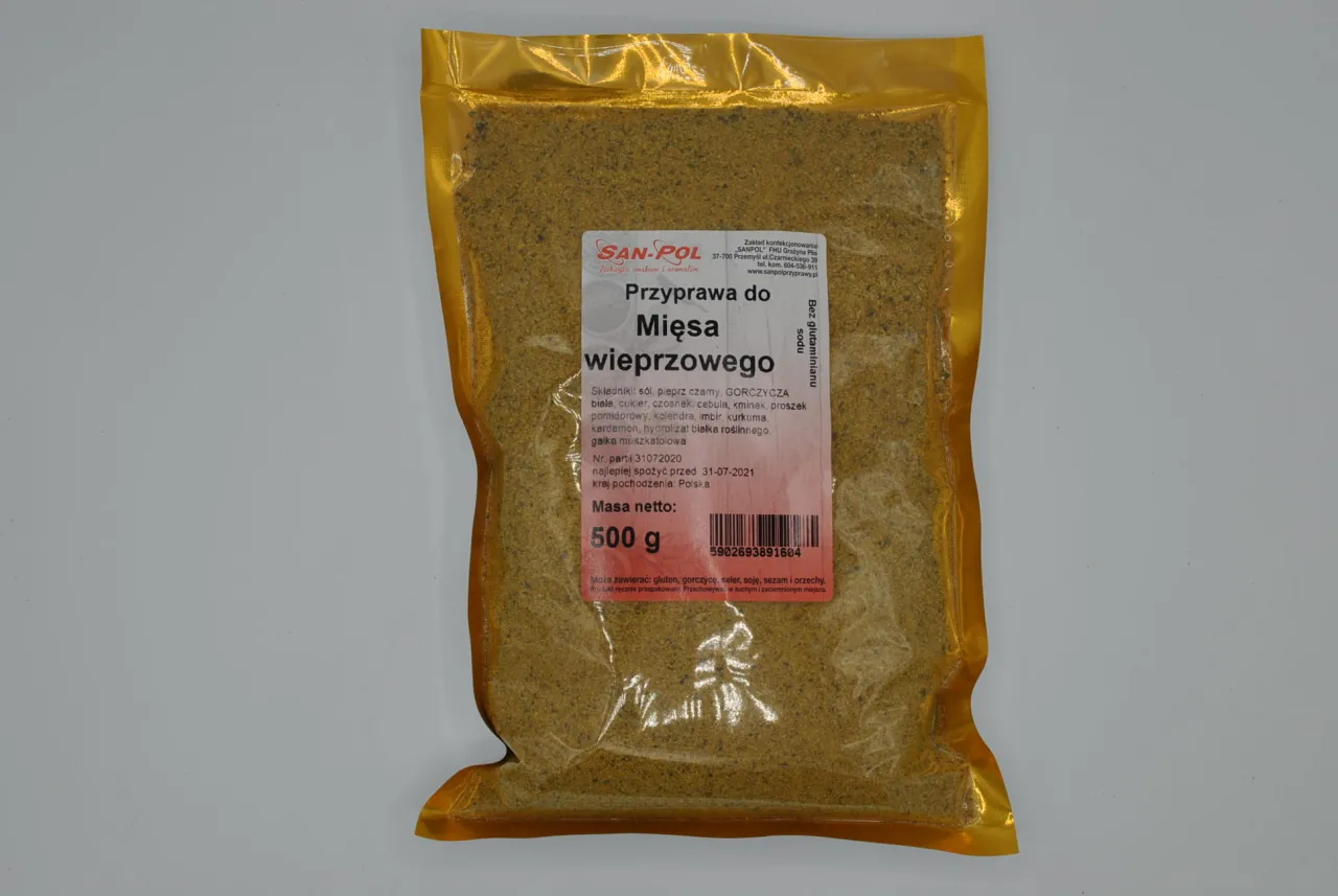 Mieszanka przypraw do mięsa wieprzowego: sól, pieprz, gorczyca, cukier, czosnek, cebula, kminek, kolendra, imbir, kurkuma, kardamon, gałka muszkatołowa. Idealne jakie przyprawy do sosu z mięsa wieprzowego.