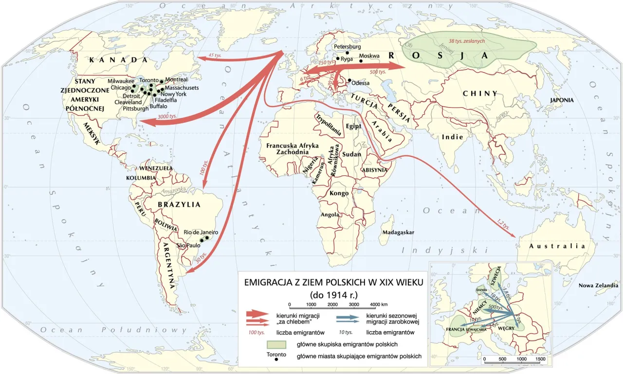 mapa Europy z zaznaczonymi popularnymi kierunkami emigracji Polaków