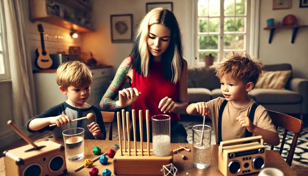 Dzieci bawiące się eksperymentami z dźwiękiem w domu