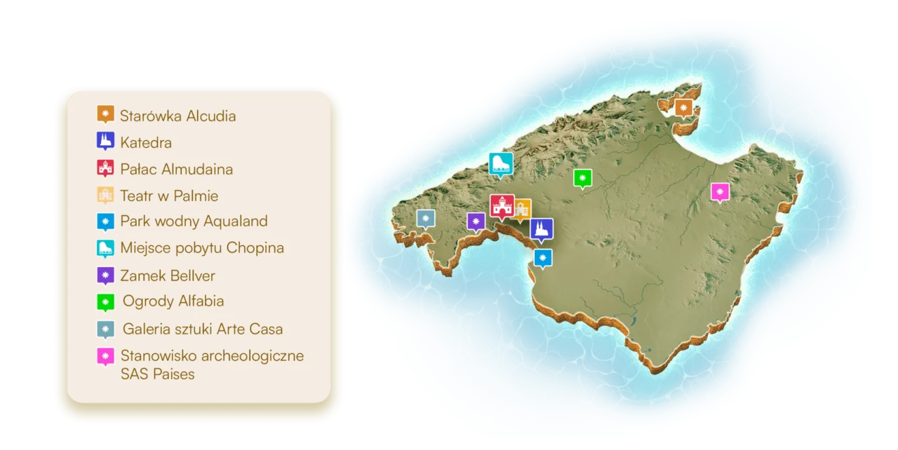 Mapa region&oacute;w Majorki z zaznaczonymi miastami