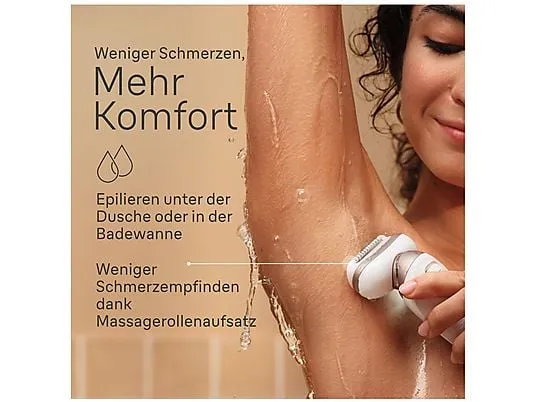 kobieta używająca depilatora pod prysznicem, depilacja na mokro